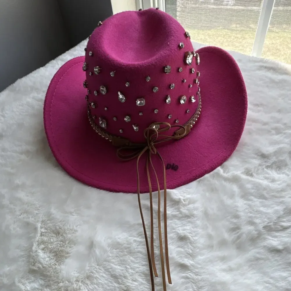 Pink Women's Cowboy Hat Rhinestone Accents Felt Polyester 57 cm Solid
